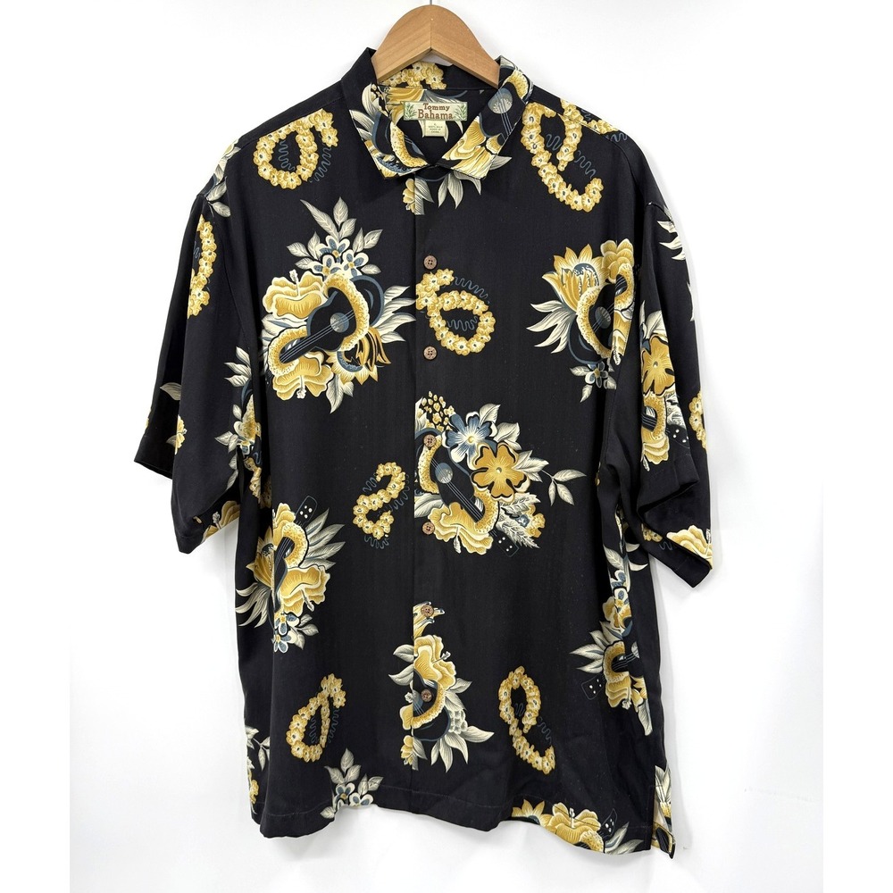Tommy Bahama Shirt Mens Large Black‎ Silk Hawaiian Floral Guitar Print Camp